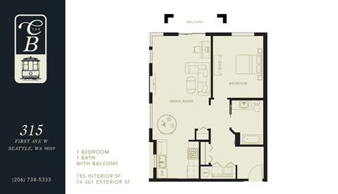 A floor plan of an apartment with a living room, bedroom, and bathroom.